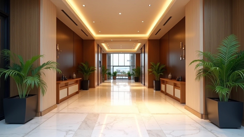 Entrada elegante de edificio de departamentos amoblados en Miraflores con portería moderna